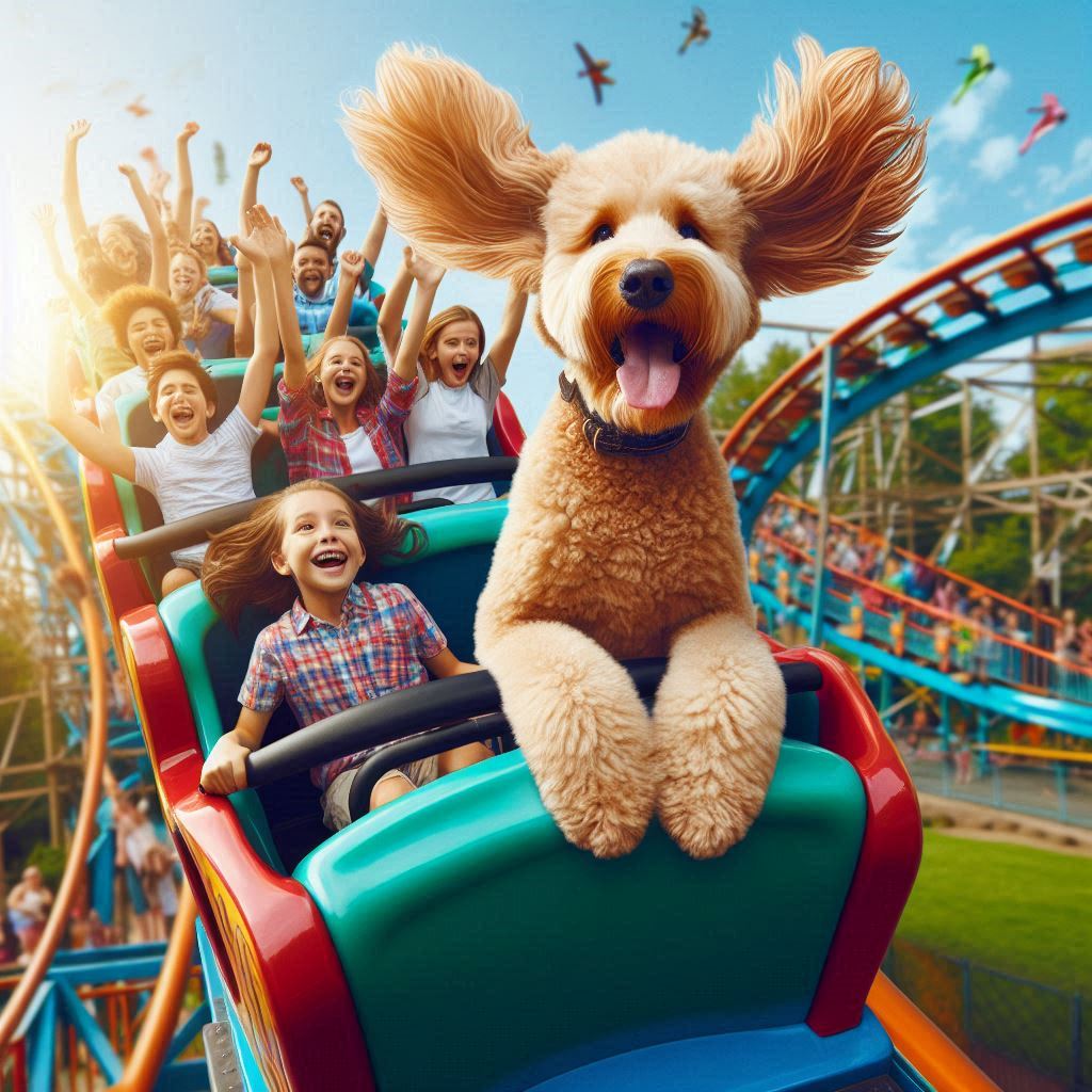 Labradoodle riding a rollercoaster